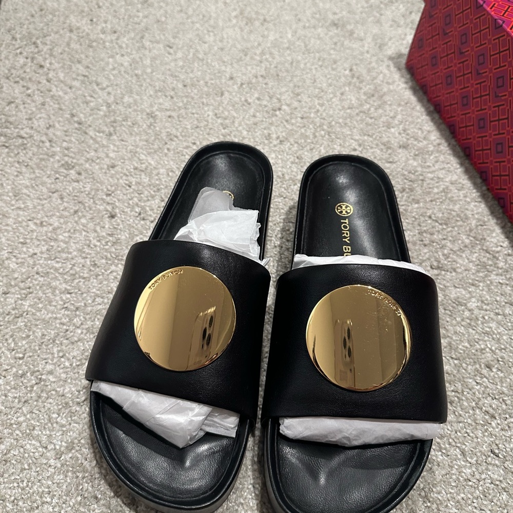 Tory Burch Black and Gold Slide Sandals